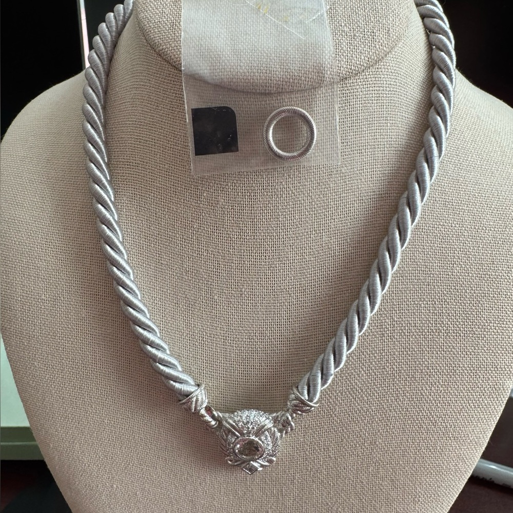 Judith Ripka Sterling Gray Silk Cord w/Diamonique Pendant- Clear & Gray Crystals